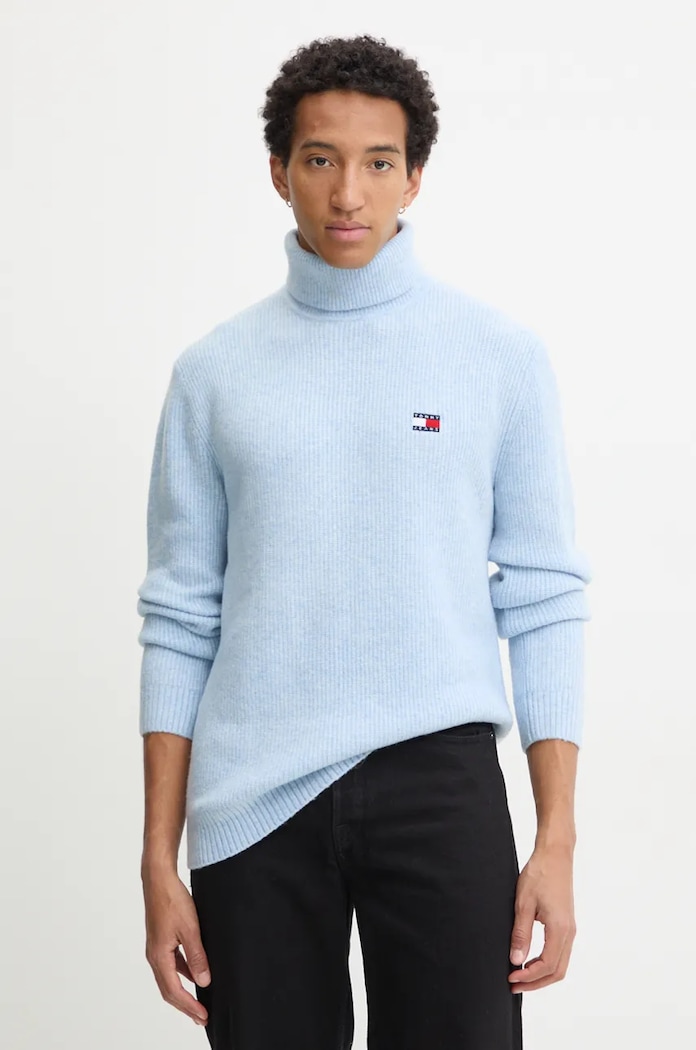 Svetr z vlněné směsi Tommy Jeans rolák modrá DM0DM20602