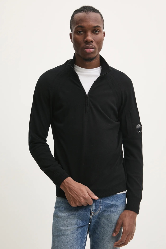 Вовняний светр C.P. Company Extra Fine Merino Wool Half Zipped Knit тонкий чорний 17CMKN193A005528A