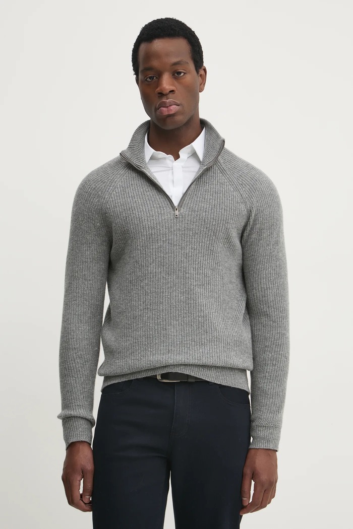 Vuneni pulover Hackett London bez uzorka siva HM703243
