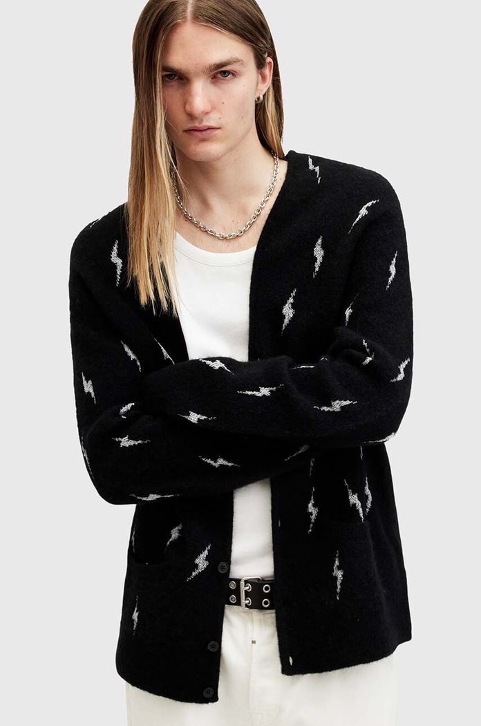 AllSaints kardigan z wełną ZAP M018KB czarny AW24