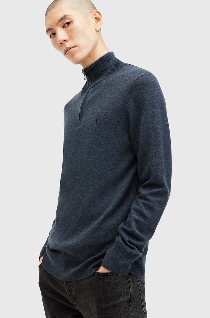 Vlněný svetr AllSaints KILBURN ZIP FUNNEL M082KB námořnická modř