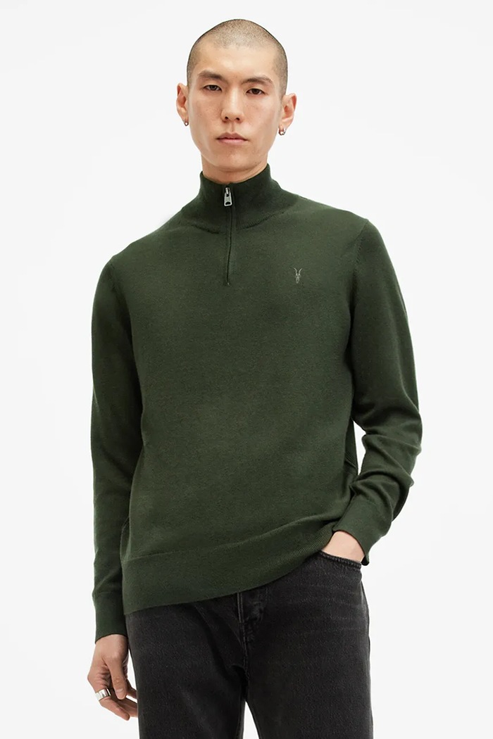 AllSaints sweter wełniany KILBURN ZIP FUNNEL zapinany zielony M082KB