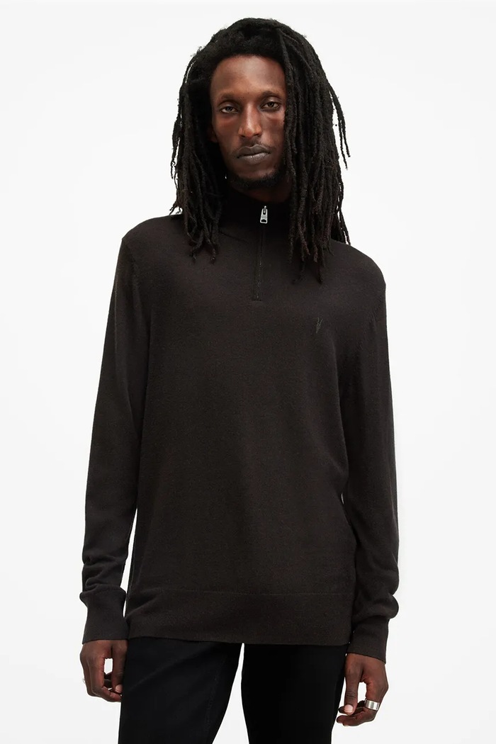 AllSaints sweter wełniany KILBURN ZIP FUNNEL zapinany brązowy M082KB
