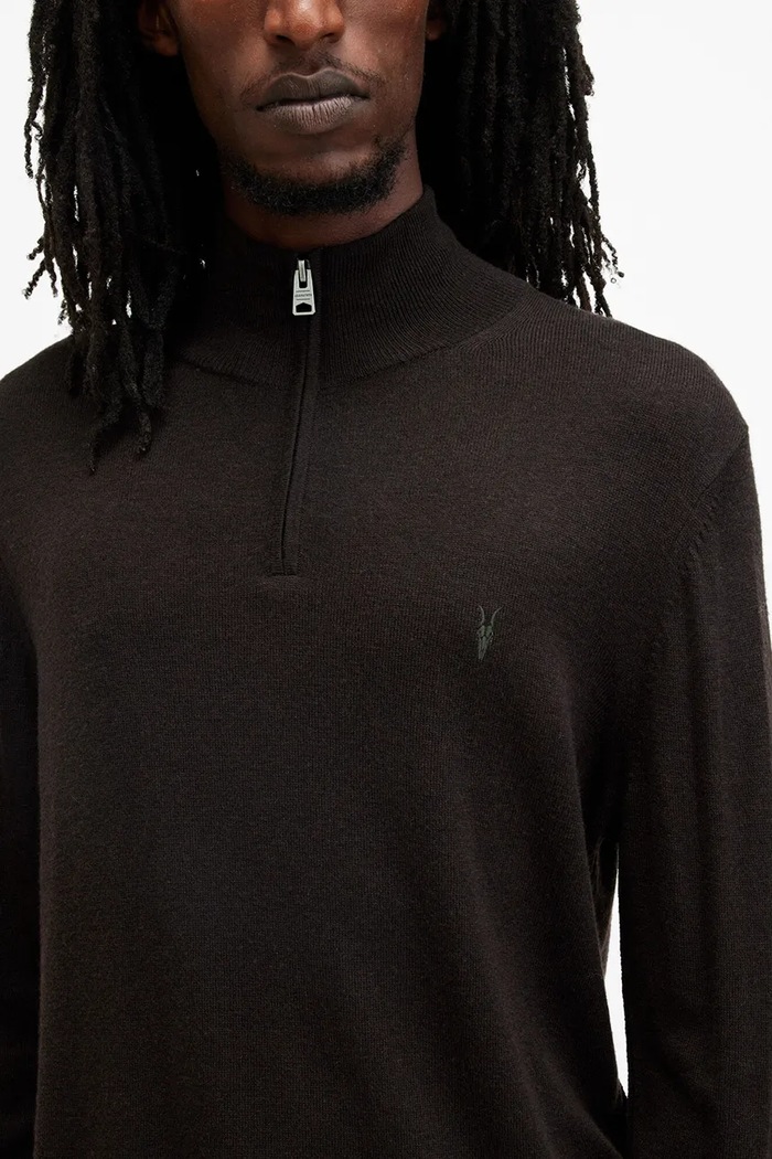 AllSaints sweter wełniany KILBURN ZIP FUNNEL M082KB brązowy AW24