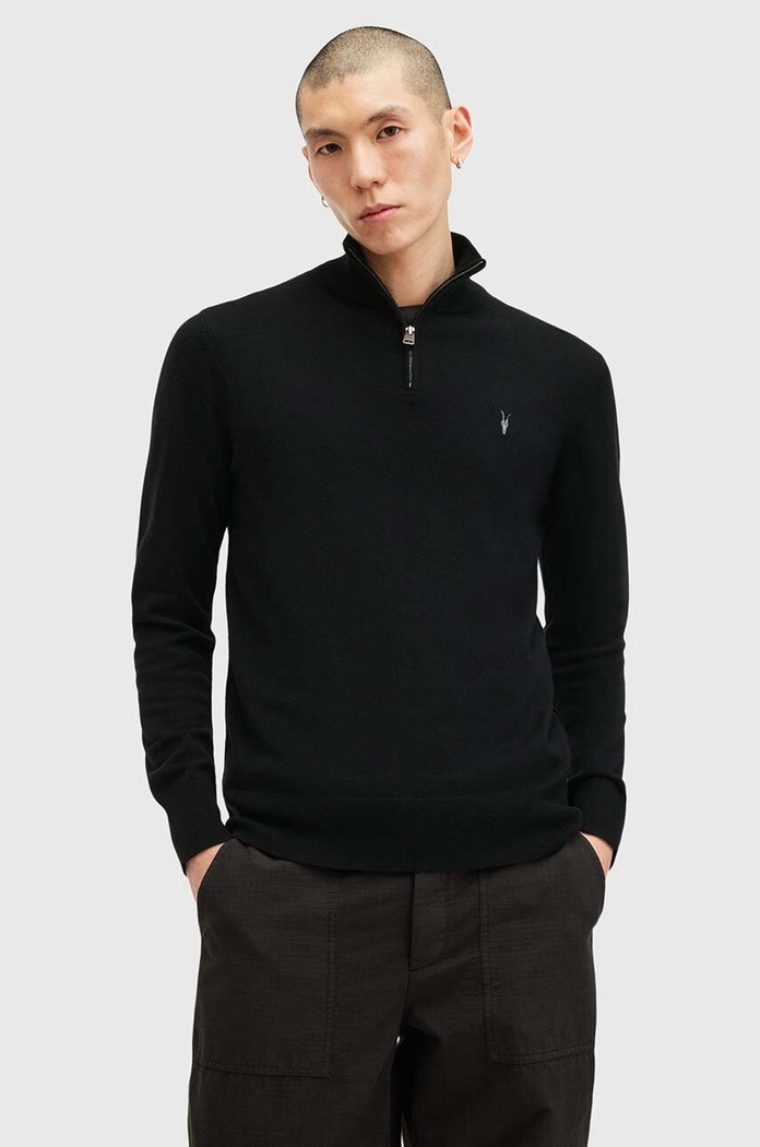 Светр з вовною AllSaints KILBURN ZIP FUNNEL з додаванням вовни чорний M082KB
