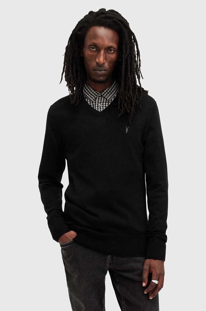 Μάλλινο πουλόβερ AllSaints MODE MERINO VNECK μαλλί μαύρο M022KA