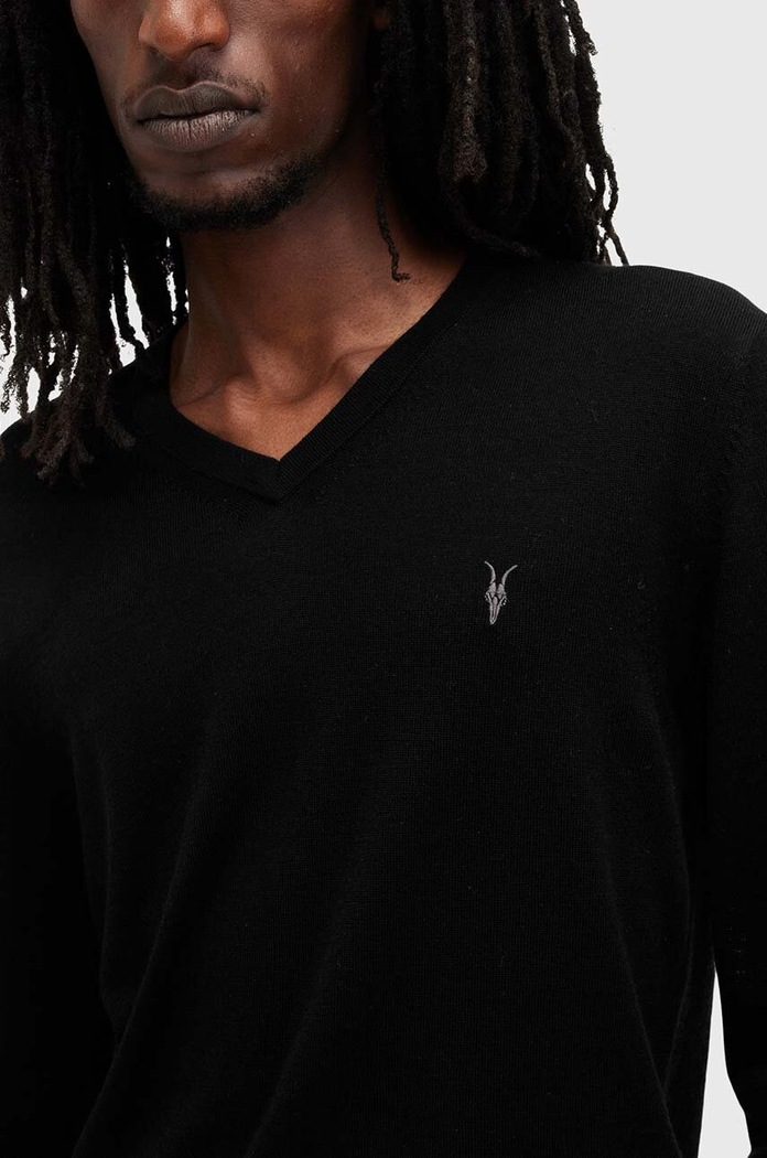 Μάλλινο πουλόβερ AllSaints MODE MERINO VNECK M022KA μαύρο AW24