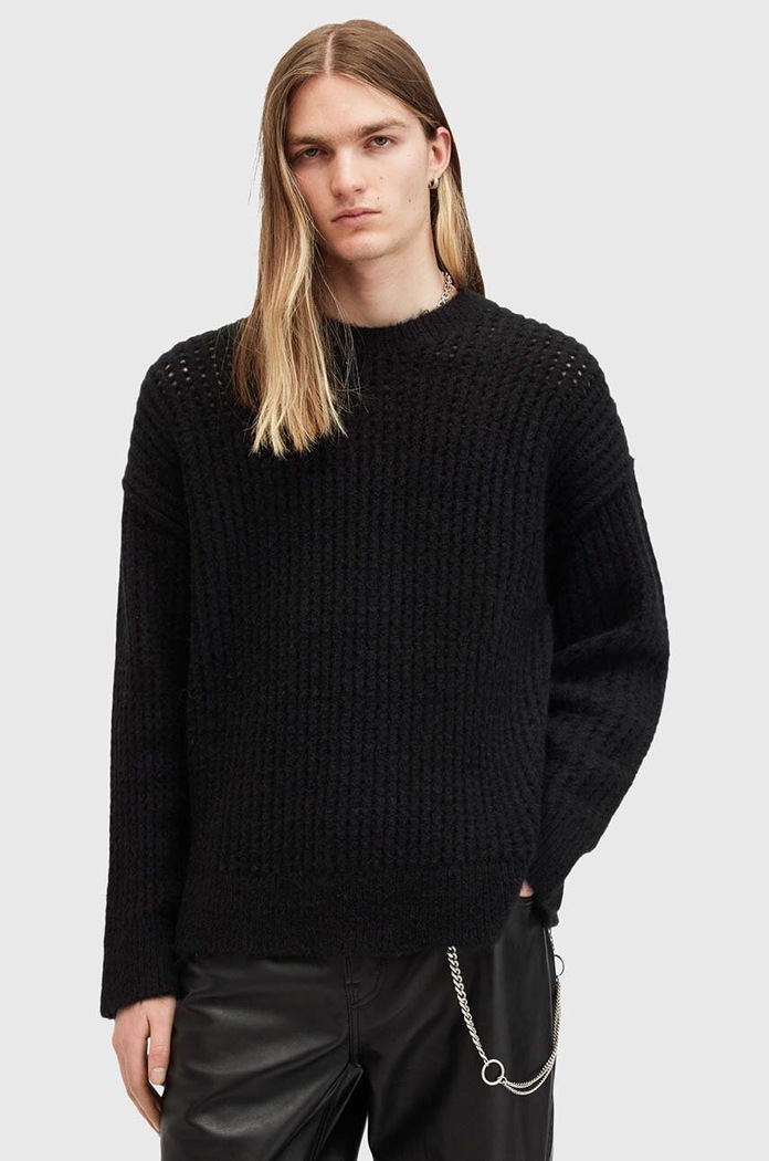 AllSaints sweter z domieszką wełny HARLEN CREW okrągły czarny M075KB