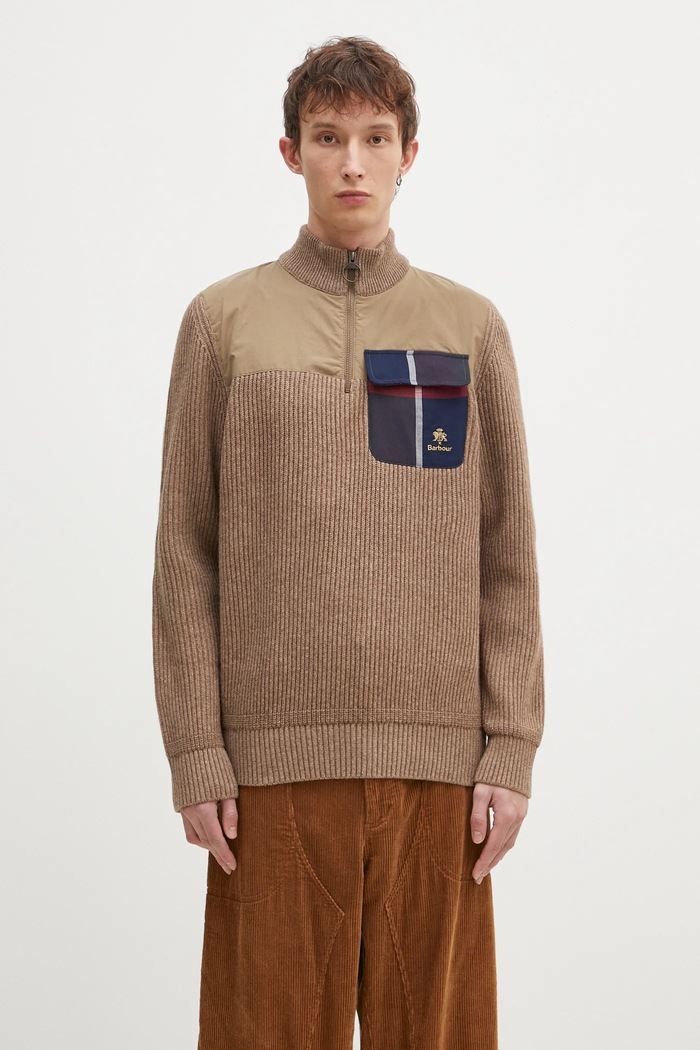 Volnen pulover Baracuta Barbour x Baracut Miller Half Zip Knit Debela bež BRMAG0192