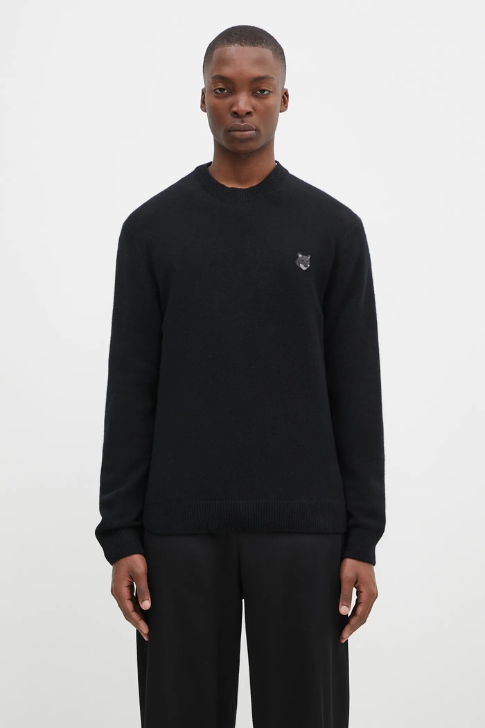 Maison Kitsuné woolen jumper Bold Fox Head Patch round neck black NM00805KT1006