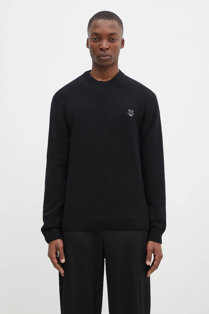 Maison Kitsuné woolen jumper Bold Fox Head Patch round neck black NM00805KT1006