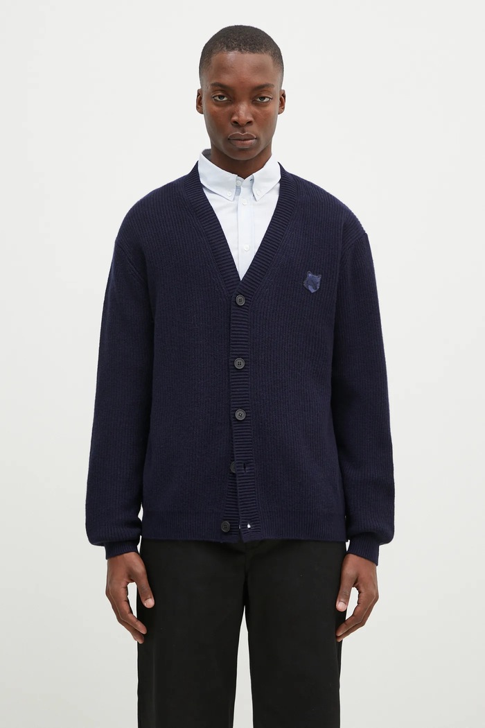 Maison Kitsuné wool blend cardigan Bold Fox Head medium thickness navy NM00501KT1093