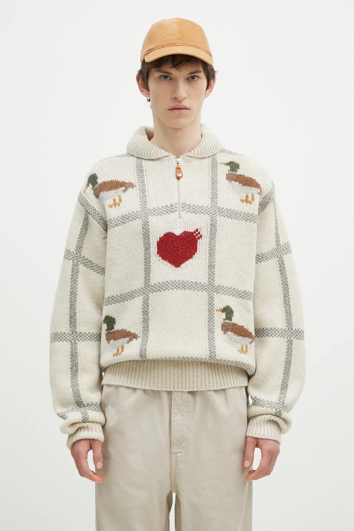 Human Made woolen jumper Animal Half-Zip Knit Sweater wool beige HM28CS015