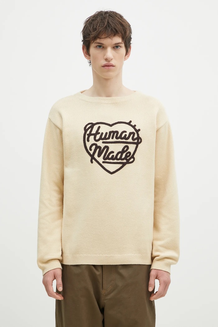 Human Made wool blend jumper Heart Knit Sweater round neck beige HM28CS018