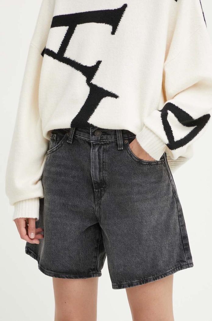 Levi's къс панталон дамски от деним HIGH BAGGY SHORT памук черен A9311