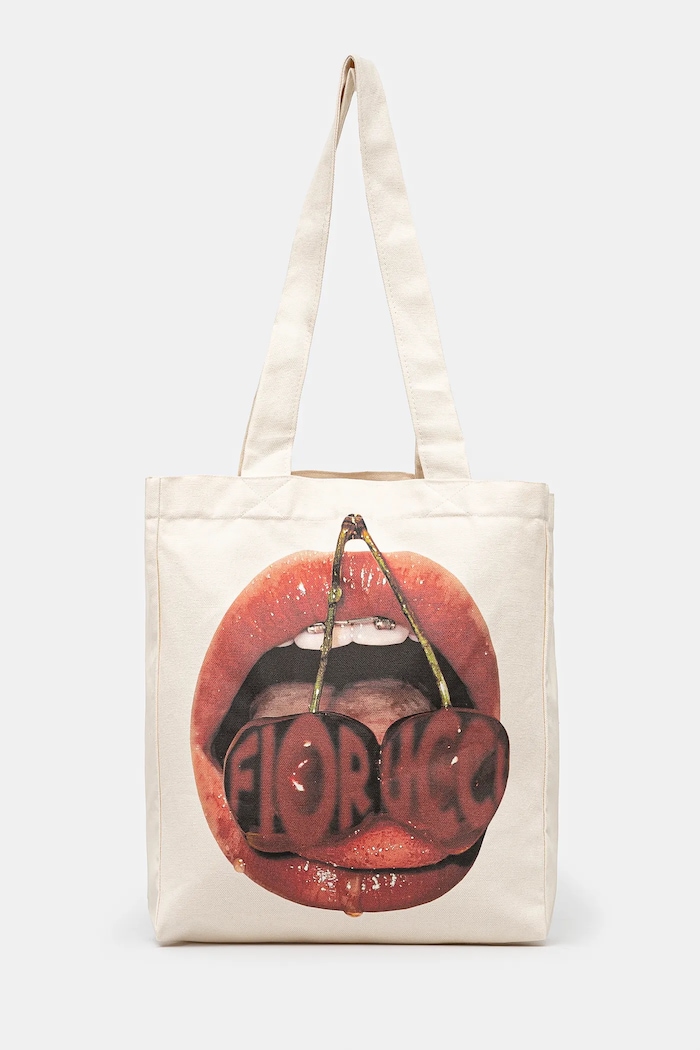 Fiorucci geanta de bumbac Mouth Print incape in A4 bej U01FPABA207CO03WH02