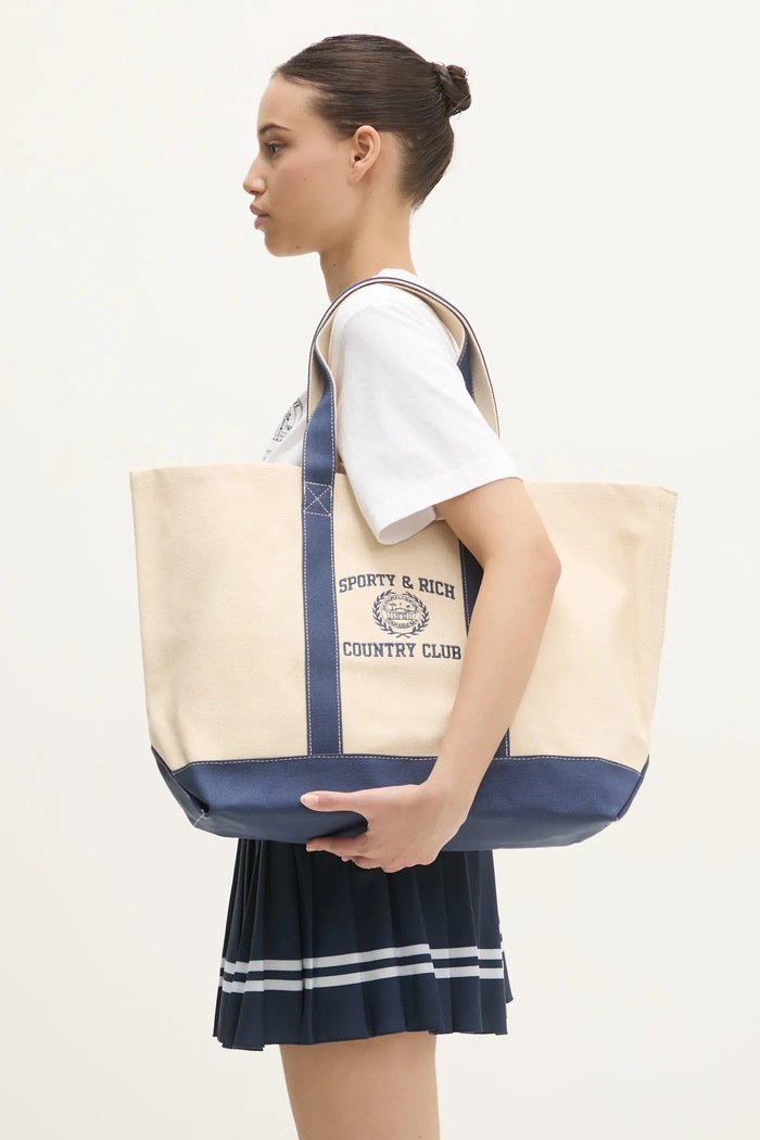 Sporty & Rich cotton handbag Varsity Crest Two Tone Tote non-detachable strap beige BA006516218BE06