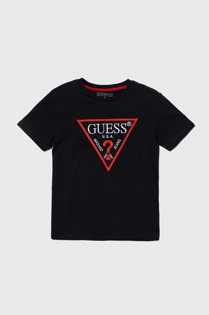 Παιδικό βαμβακερό μπλουζάκι Guess απλικέ μαύρο L4YI54.K8HM4.9BYH