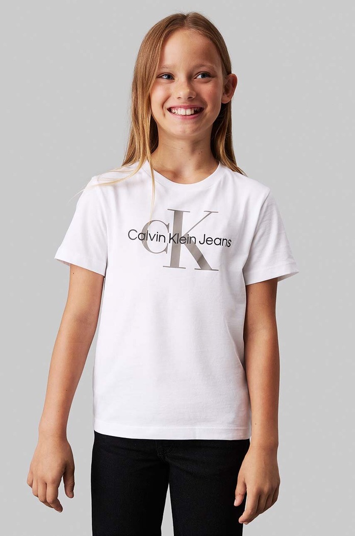 Παιδικό βαμβακερό μπλουζάκι Calvin Klein Jeans στάμπα λευκό IU0IU00676.104.116.9BYH