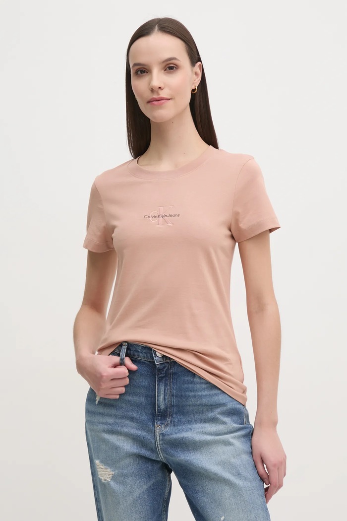 Памучна тениска Calvin Klein Jeans щампа оранжев J20J223563