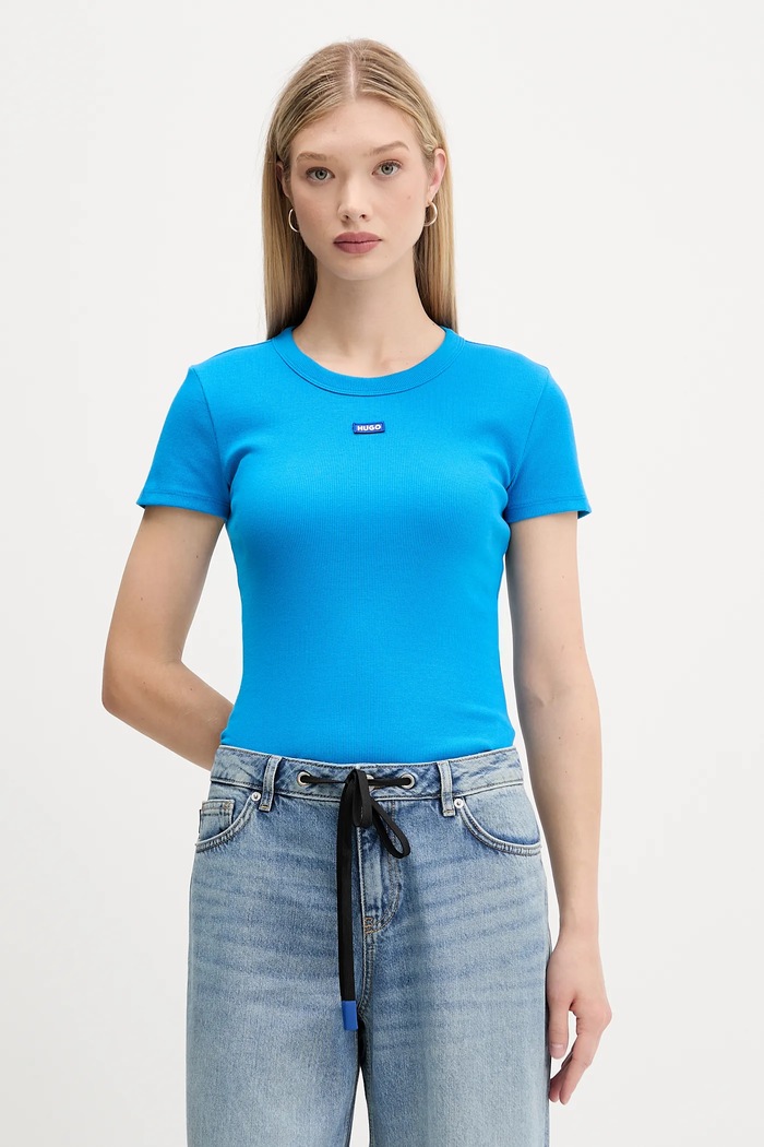 HUGO Blue tričko dámske bavlnené s elastanom Easy Tee_B tyrkysová 50523924