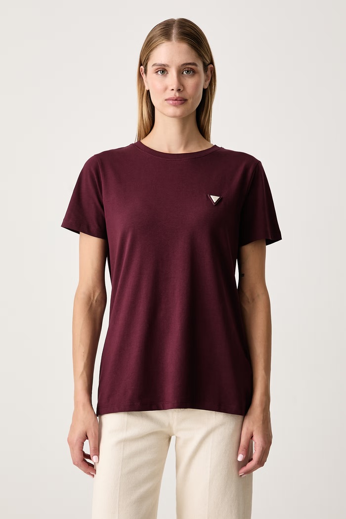Guess T-shirt damski bawełniany z elastanem COLETTE bordowy V4YI09.J1314