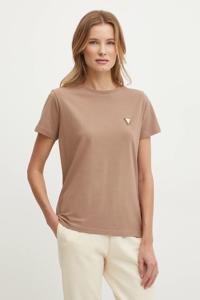 Guess tričko dámské bavlněné s elastanem COLETTE hnědá V4YI09.J1314