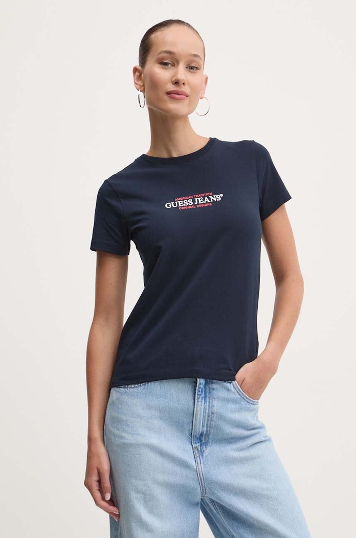 Μπλουζάκι Guess Jeans με ελαστάν σκούρο μπλε W4YI03.J1314