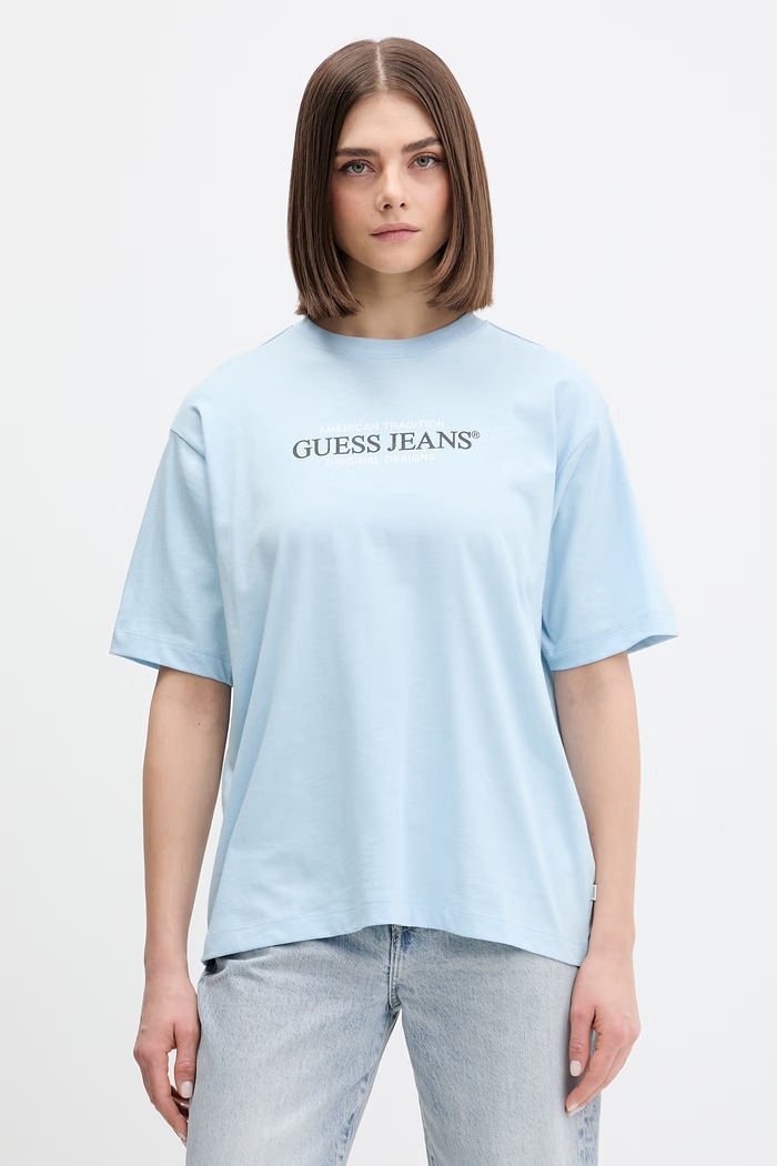 Bavlněné tričko Guess Jeans kulatý modrá W4YI08.K8HM0