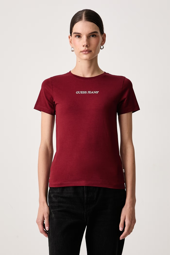 Guess Jeans T-shirt damski bawełniany z elastanem bordowy W4YI01.J1314