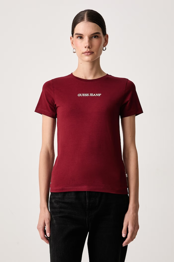 Guess Jeans T-shirt damski bawełniany z elastanem bordowy W4YI01.J1314