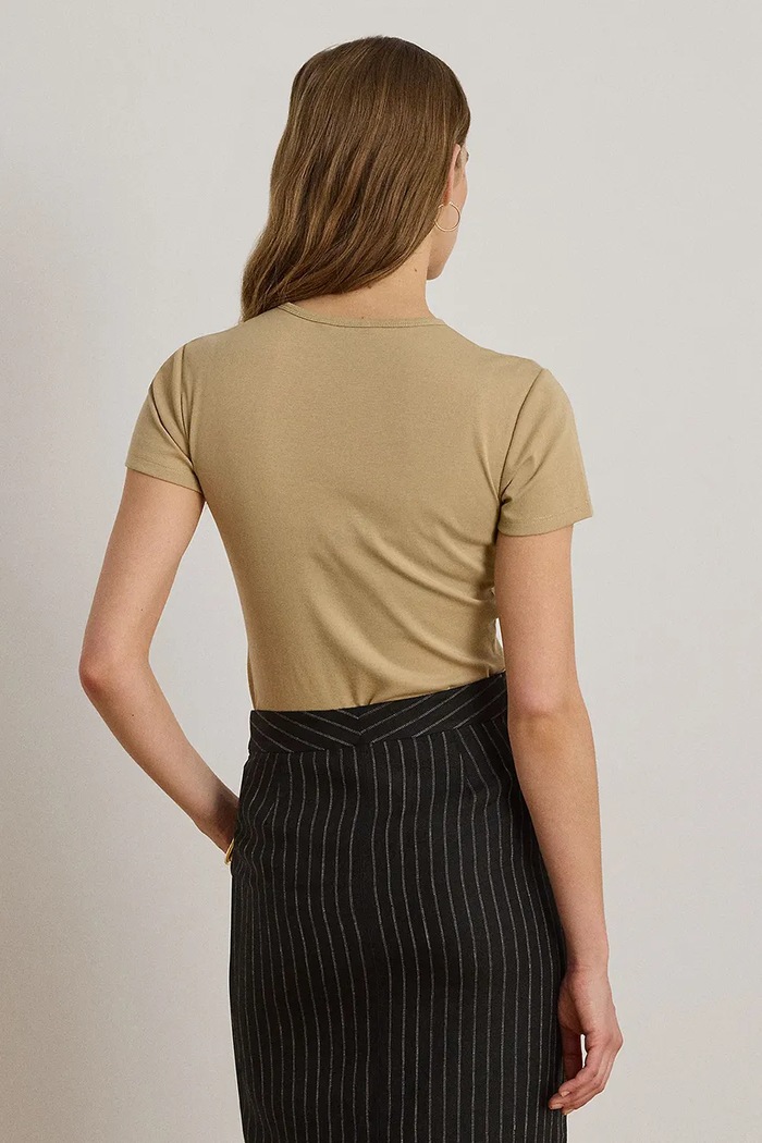 Lauren Ralph Lauren T-shirt basic damski bawełniany z elastanem 200807563 beżowy SS25
