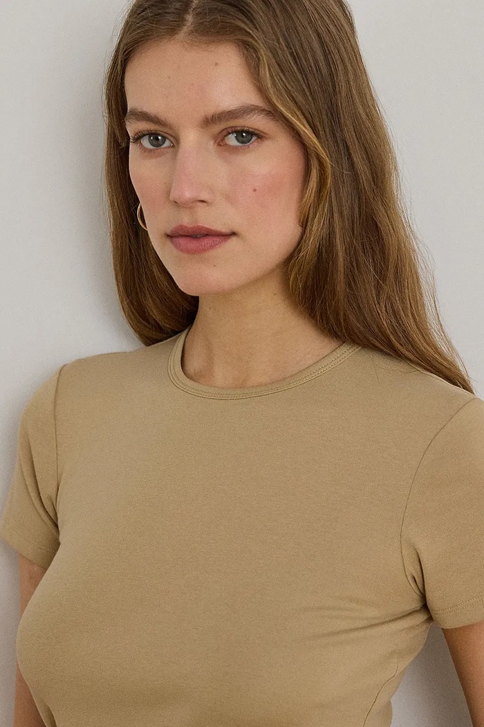 Lauren Ralph Lauren T-shirt basic damski bawełniany z elastanem beżowy 200807563