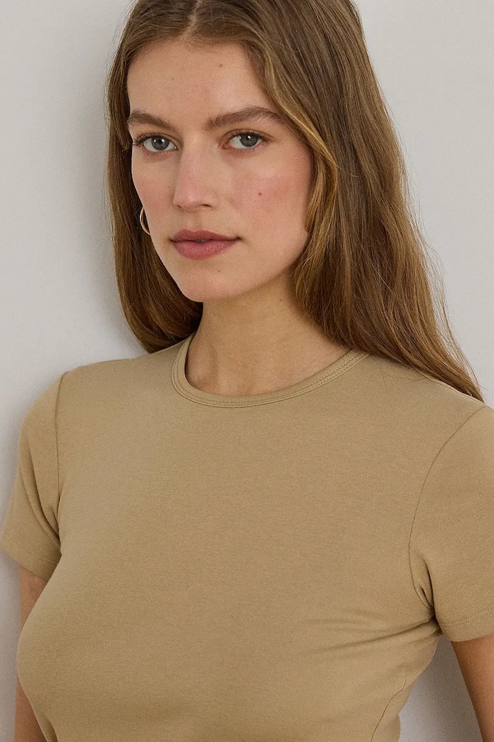 Lauren Ralph Lauren T-shirt basic damski bawełniany z elastanem beżowy 200807563