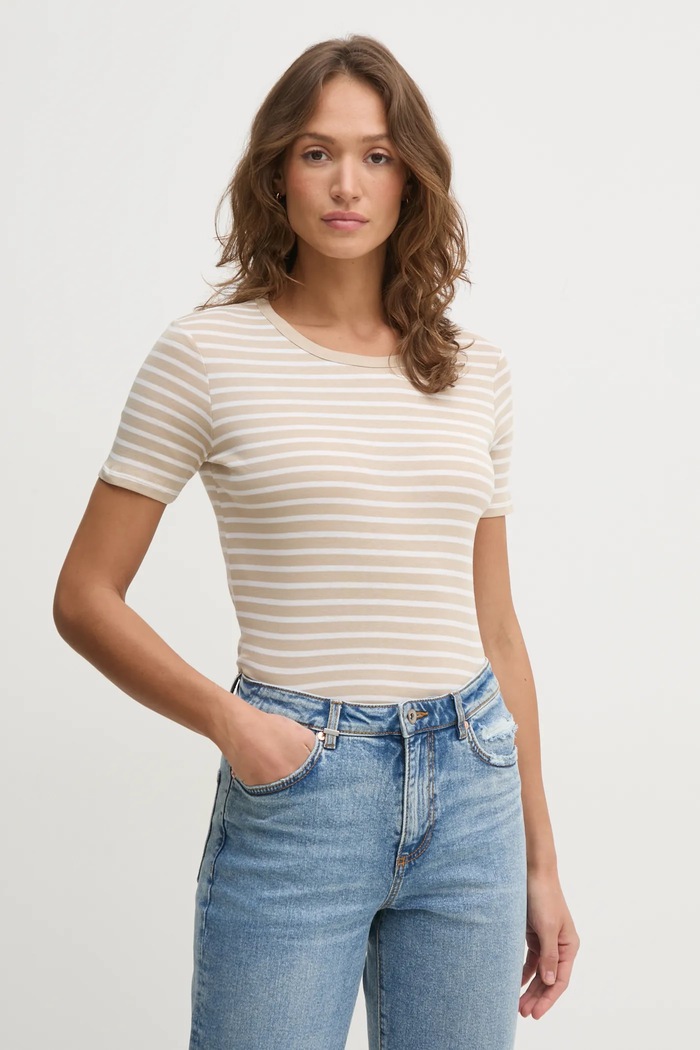 United Colors of Benetton t-shirt bawełniany wzorzyste beżowy 30YSE16A0