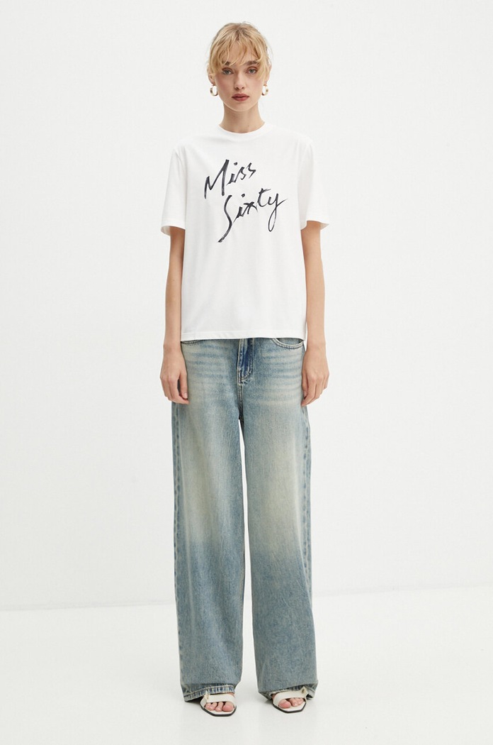 Miss Sixty t-shirt z domieszką jedwabiu 6L3SJ3780000 beżowy AW24