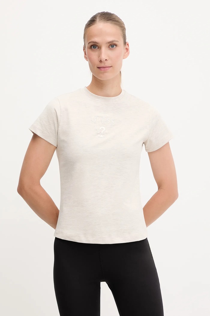 Guess T-shirt damski bawełniany z elastanem COLETTE beżowy V4YI21.KCDH1