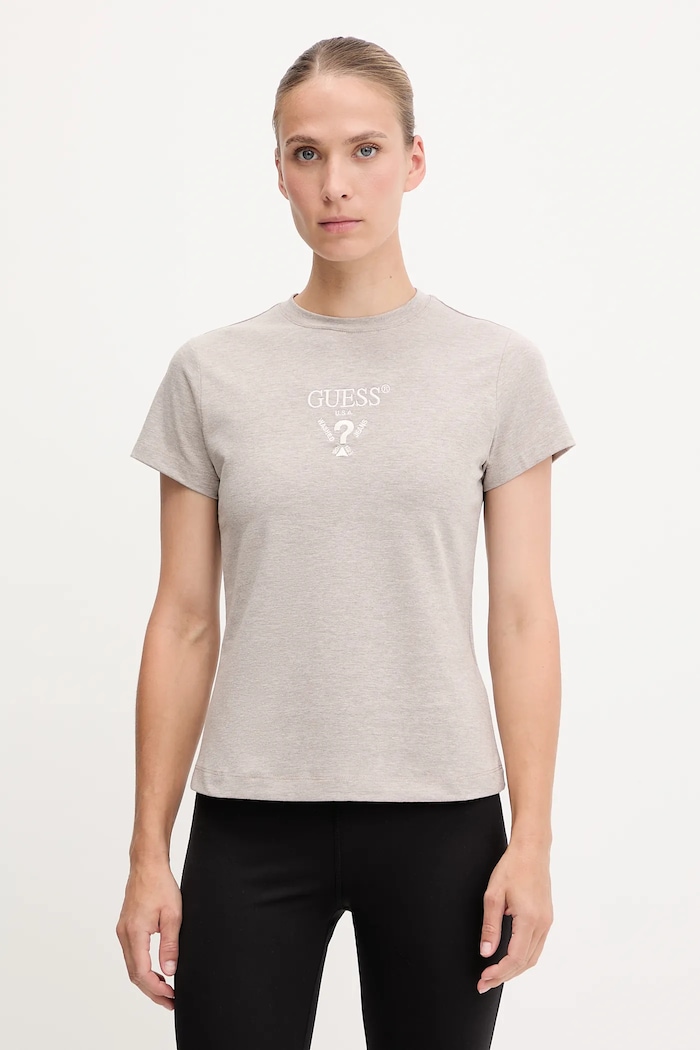 Guess T-shirt damski bawełniany z elastanem COLETTE beżowy V4YI21.KCDH1