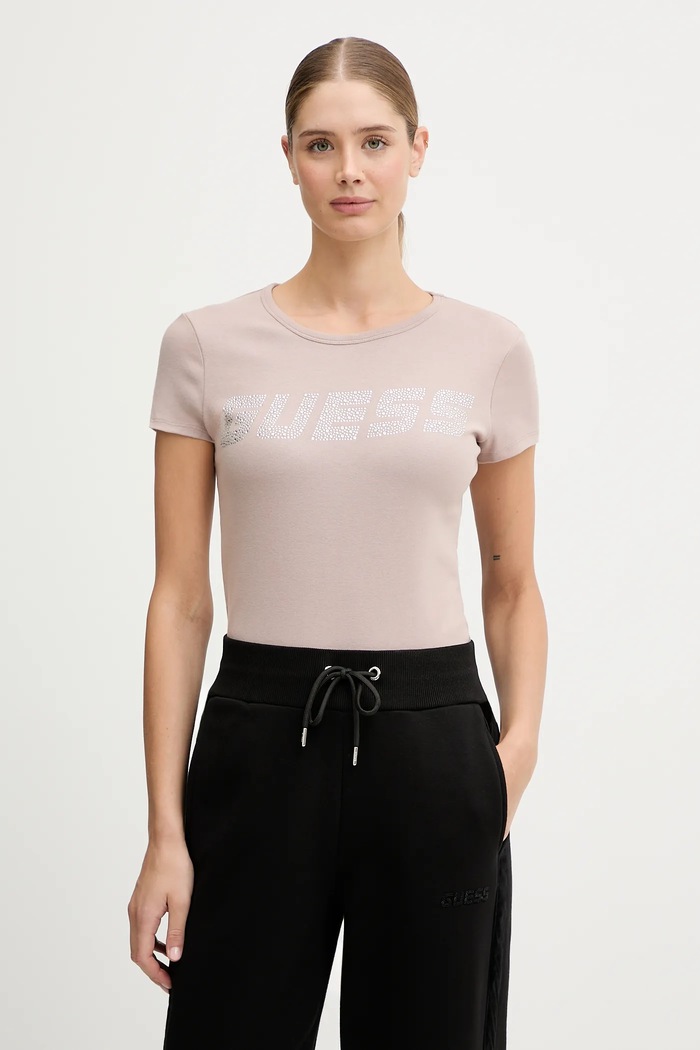 Guess T-shirt damski bawełniany z elastanem KIARA beżowy V4BI16.KCIV1