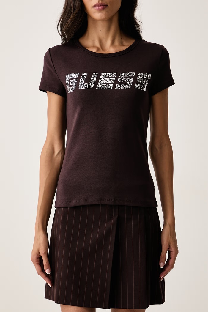 T-shirt damski bawełniany z elastanem KIARA Guess V4BI16.KCIV1 brązowy
