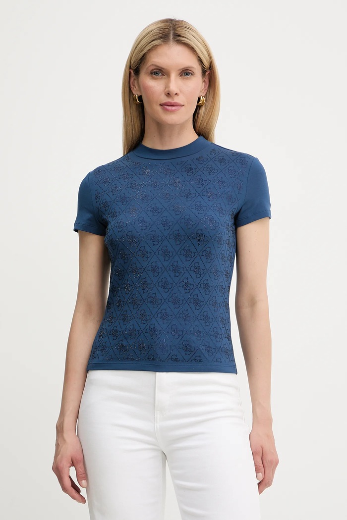 Guess T-shirt damski z bawełną niebieski W4BI26.J1314