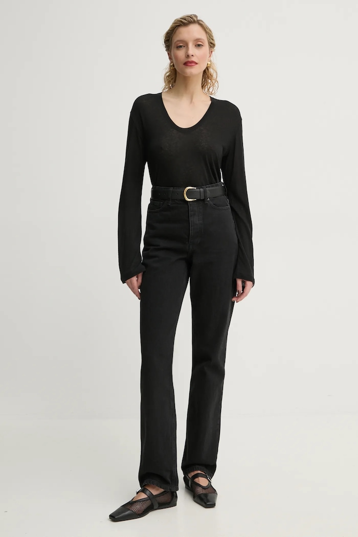 Tričko s dlouhým rukávem s příměsí lnu By Malene Birger AMALOU Q71621008Z černá SS25