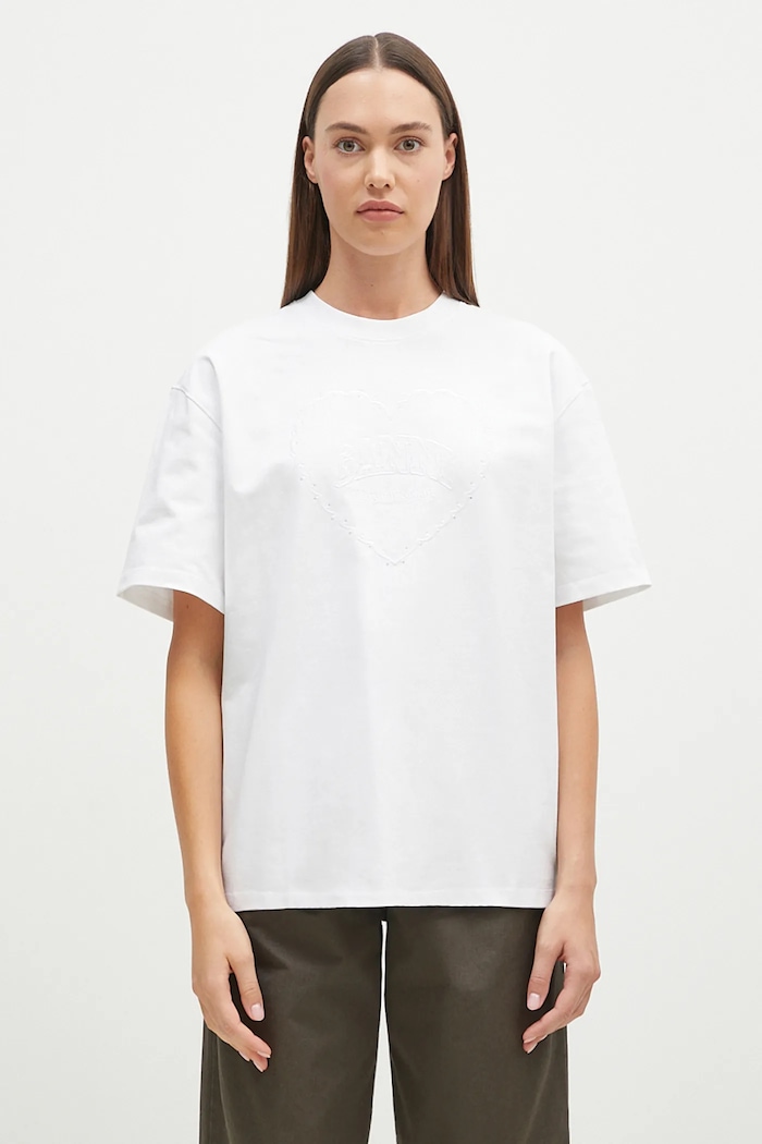 Bavlněné tričko GANNI Heavy Cotton Drop Shoulder Heart regular bílá T4033