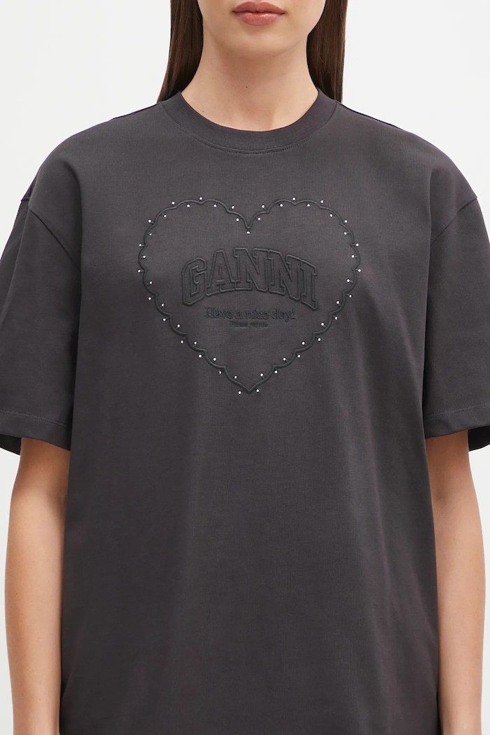 Bavlnené tričko GANNI Heavy Cotton Drop Shoulder Heart čierna T4057