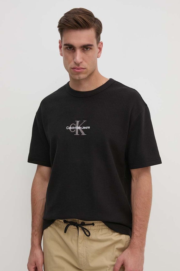Bavlněné tričko Calvin Klein Jeans kulatý černá J30J325645