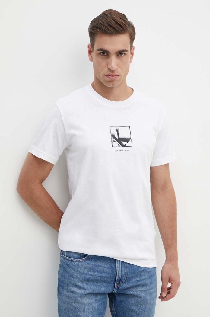 Bavlněné tričko Calvin Klein Jeans potisk bílá J30J325687