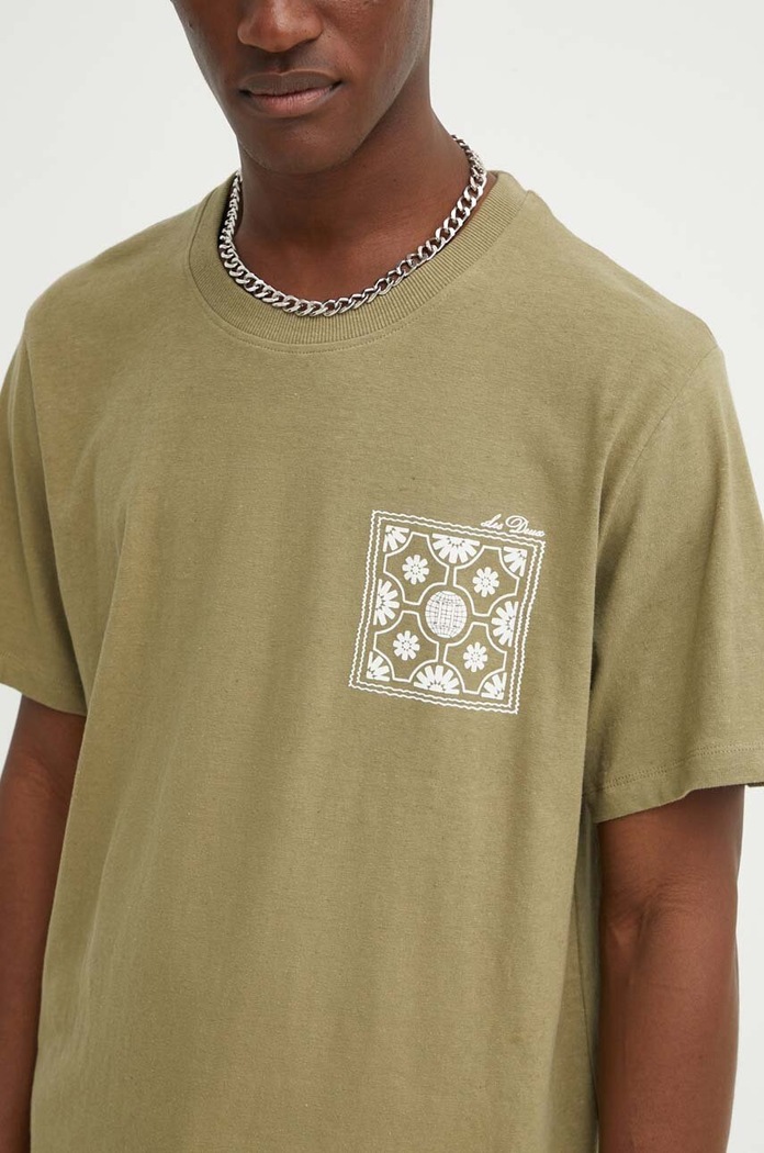 Les Deux t-shirt z domieszką lnu okrągły zielony LDM101176