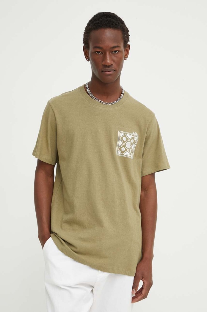 Les Deux t-shirt z domieszką lnu zielony LDM101176
