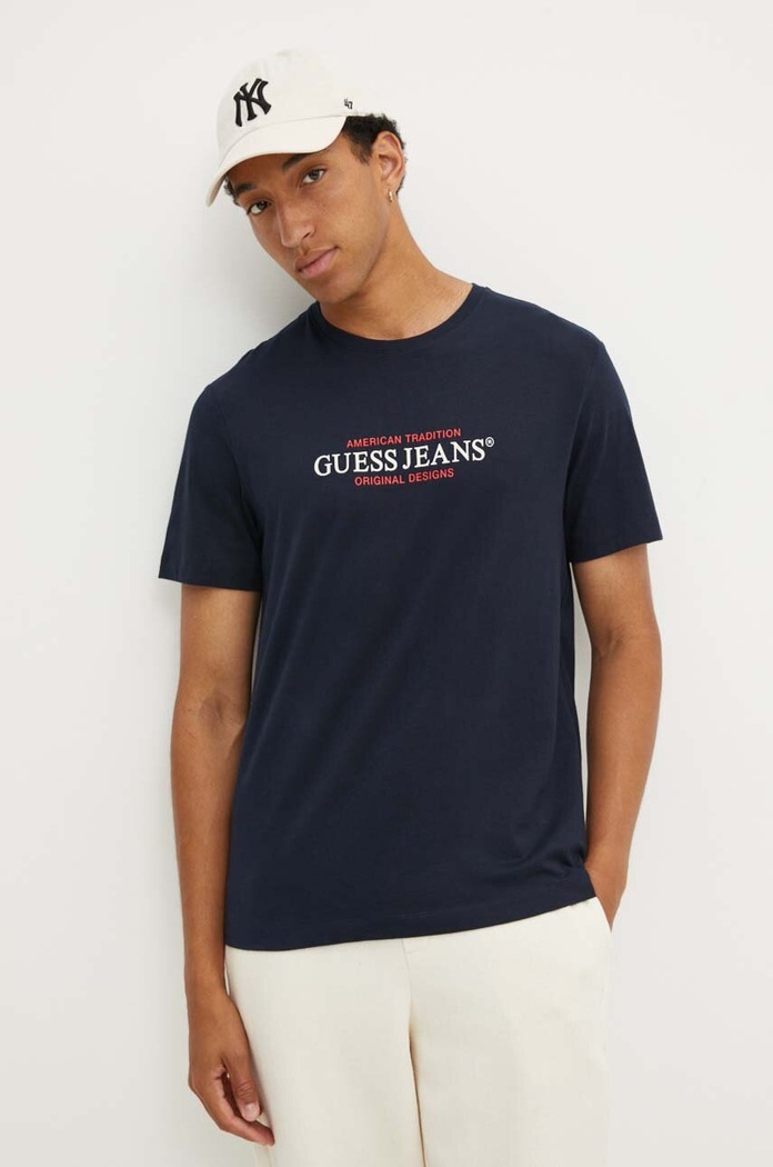 Bavlnené tričko Guess Jeans potlač tmavomodrá M4YI42.K8FQ4