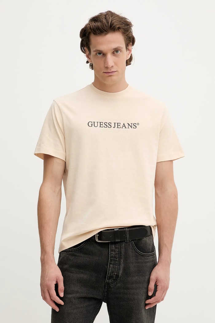 Bavlněné tričko Guess Jeans potisk béžová M4YI42.K8FQ4